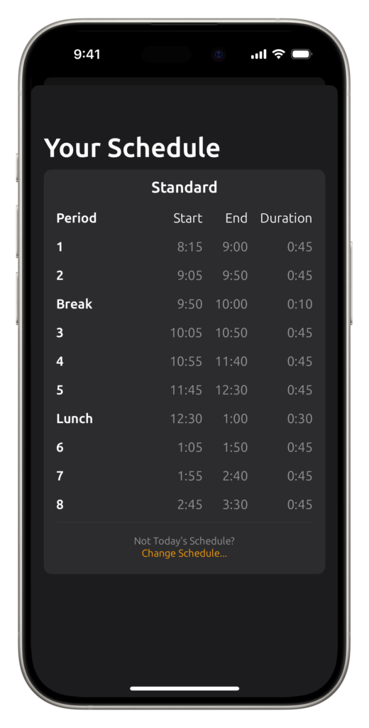 The Schedule View for Notecard++, demonstrating multiple class periods, start and end times, and duration for those class periods.