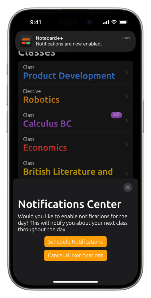 The app notification center, with a demonstration notification at the top.